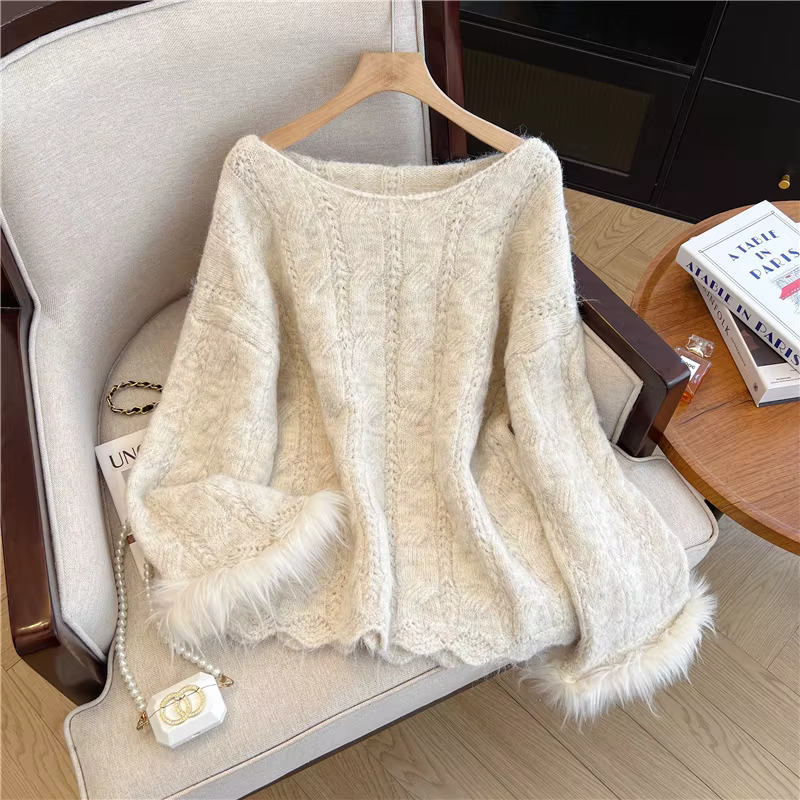 2025 Mohair pull manteau automne hiver femmes haut tricoté manches évasées Blouse
