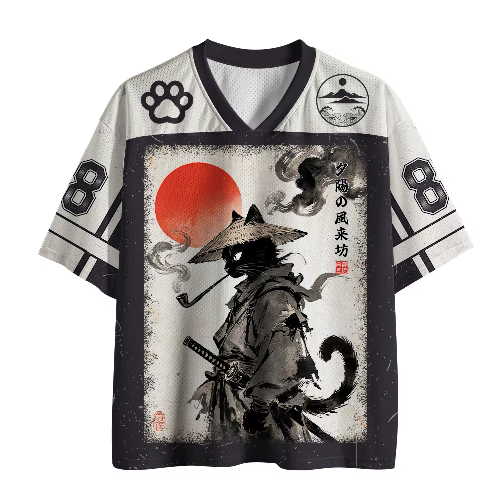 T-shirt en maille à col en V, motif encre japonaise Ronin, chat noir, samouraï, griffe de soleil rou