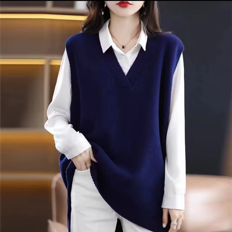 Pull tricoté sans manches à col en v pour femme, vêtement coréen ample, fendu, couleur unie, Vintage