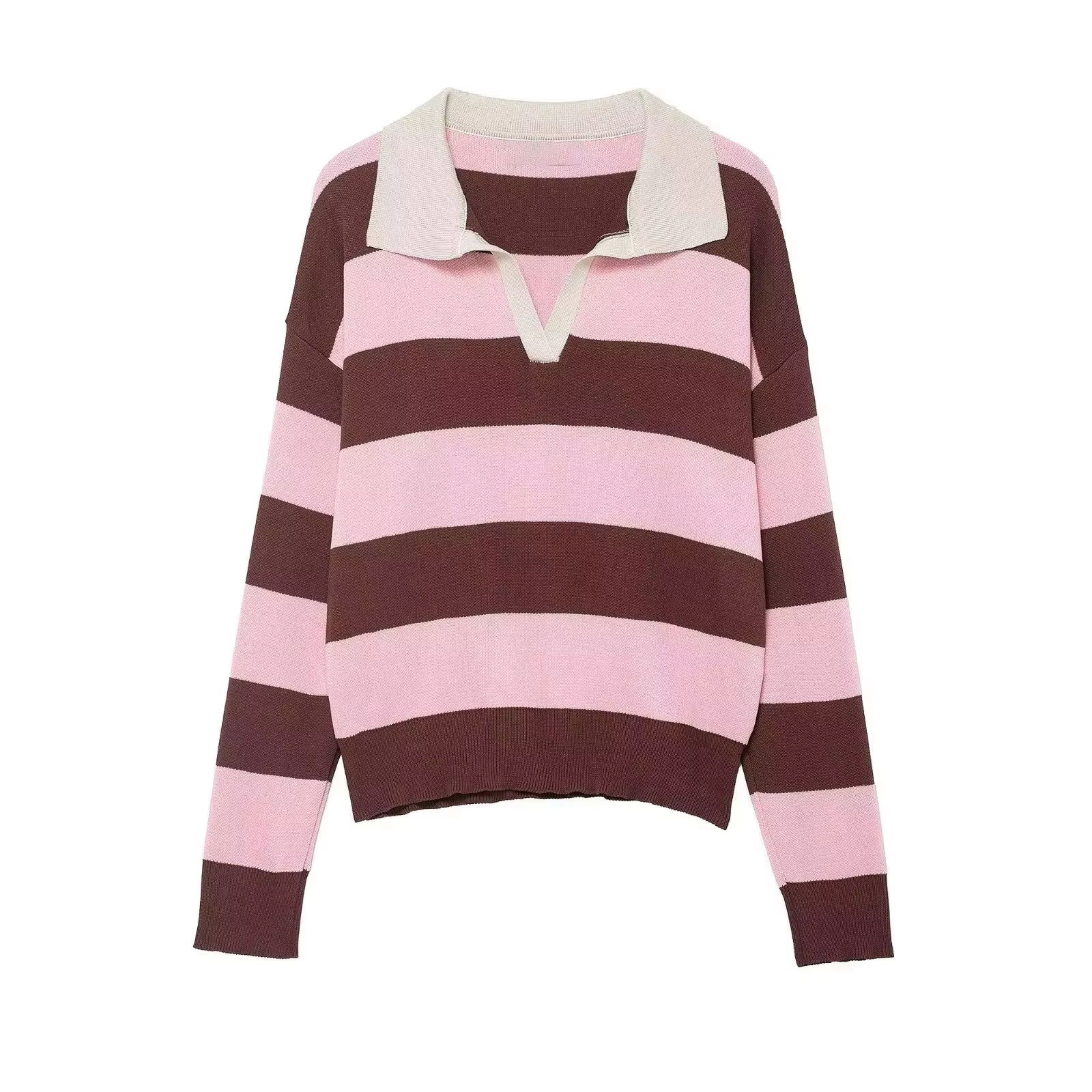HH femmes tendance décontracté rayé tricoté pull pull revers à manches longues pull chemise printemp