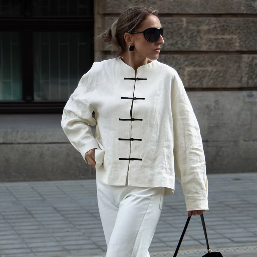Chemisier Femme Col Rond Vintage 2026 à Boutonnage Simple, Haut Décontracté en Coton à Manches Longu