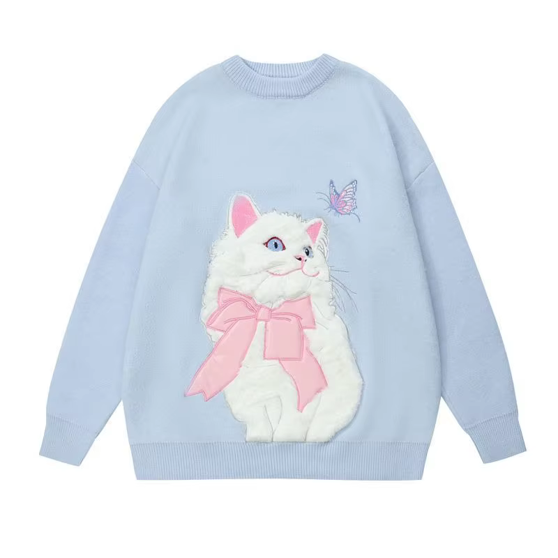 Doux fille femmes dessin animé pull mignon flocage chat à manches longues col rond haut tricoté auto