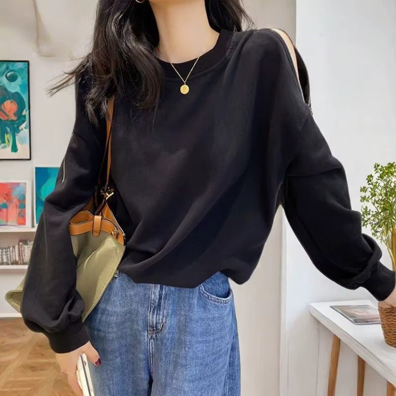 Sweat-shirt gris à épaules dénudées pour femmes, veste pull fine et ample avec fermeture éclair, col