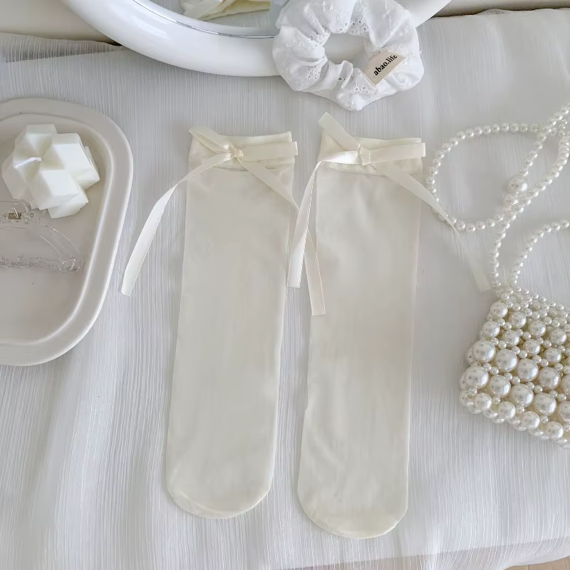 Chaussettes mi-mollet en résille transparente avec nœud pour femme, douces, fines, respirantes, styl