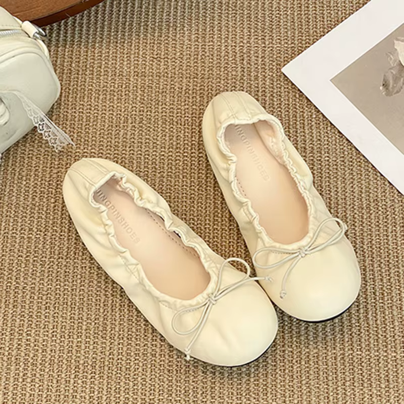 Ballerines confortables en cuir PU souple pour femme, été 2026, avec nœud élégant et talon dissimulé