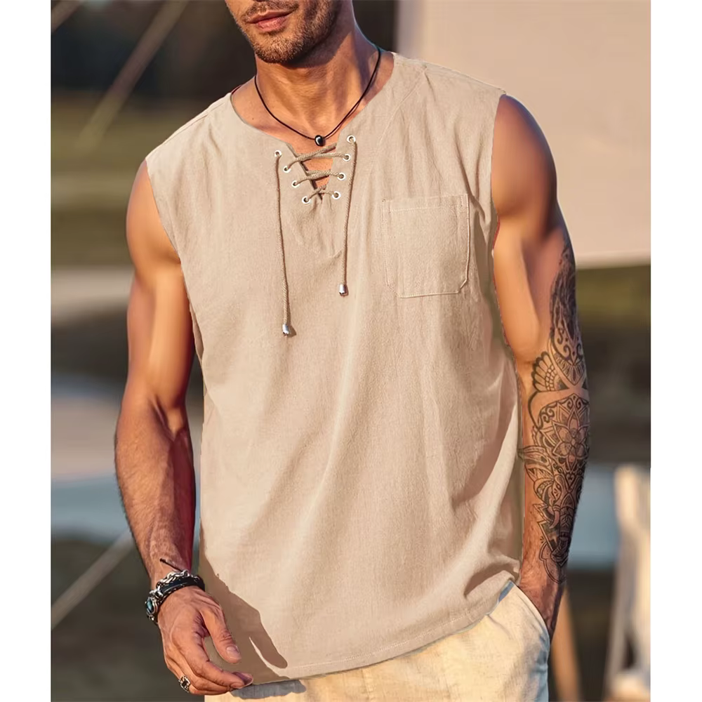 T-shirt sans manches en coton et lin pour hommes, Vintage, col en v, respirant, léger, Style basique