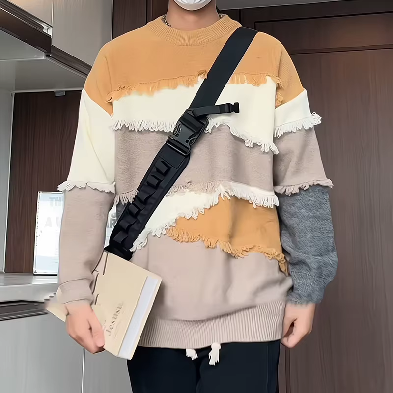 Pull en patchwork de laine de luxe haut de gamme pour hommes, pulls Harajuku coréens, pulls optiques