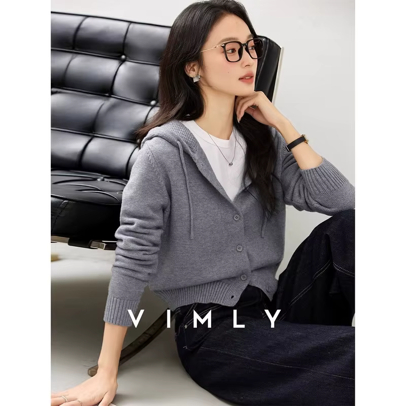 Cardigan à capuche gris en tricot VIMLY pour femme, pull décontracté à manches longues, élégant et c