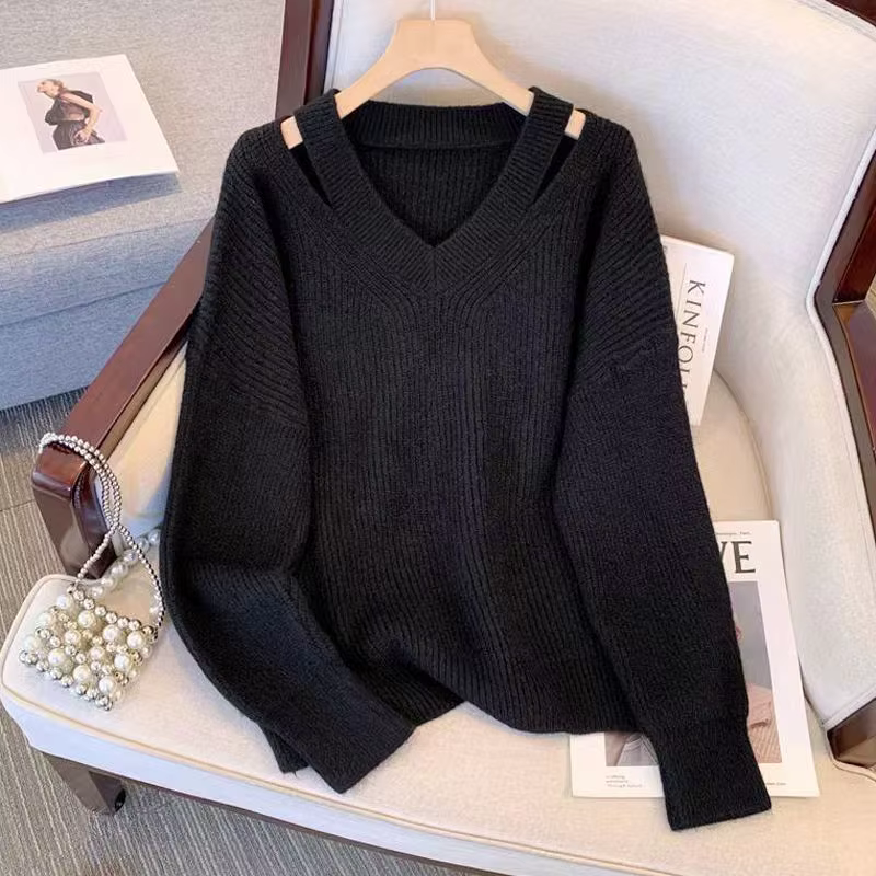 Femmes pull 2025 automne lâche col en v tricoté pulls solide doux tricots chemises de fond dames pul