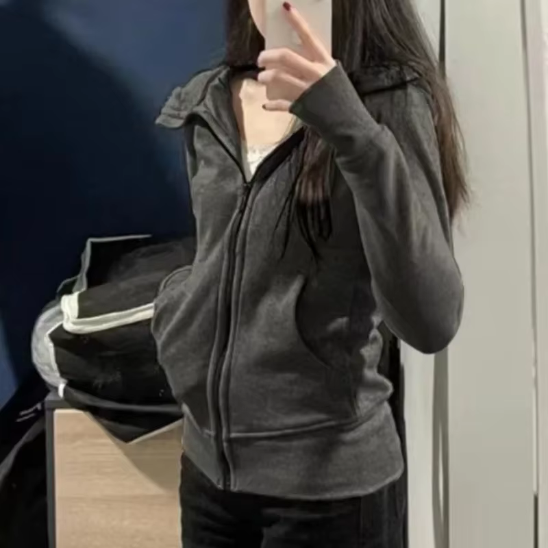 Vestes à capuche monochromes pour femmes, manches longues, fermeture éclair mince, tout match, jeune