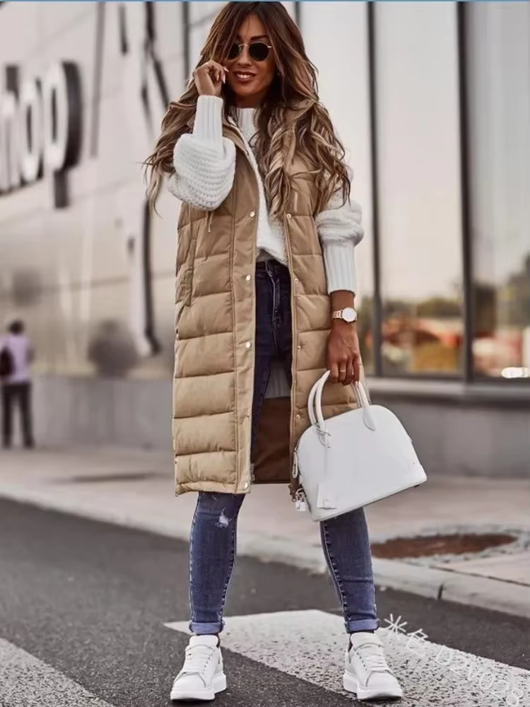 Gilet long matelassé à capuche pour femme, sans manches, entièrement zippé, style manteau tendance