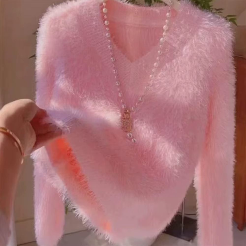 Pull en cachemire de vison à manches longues pour femmes, pull décontracté élégant, tricots roses, l