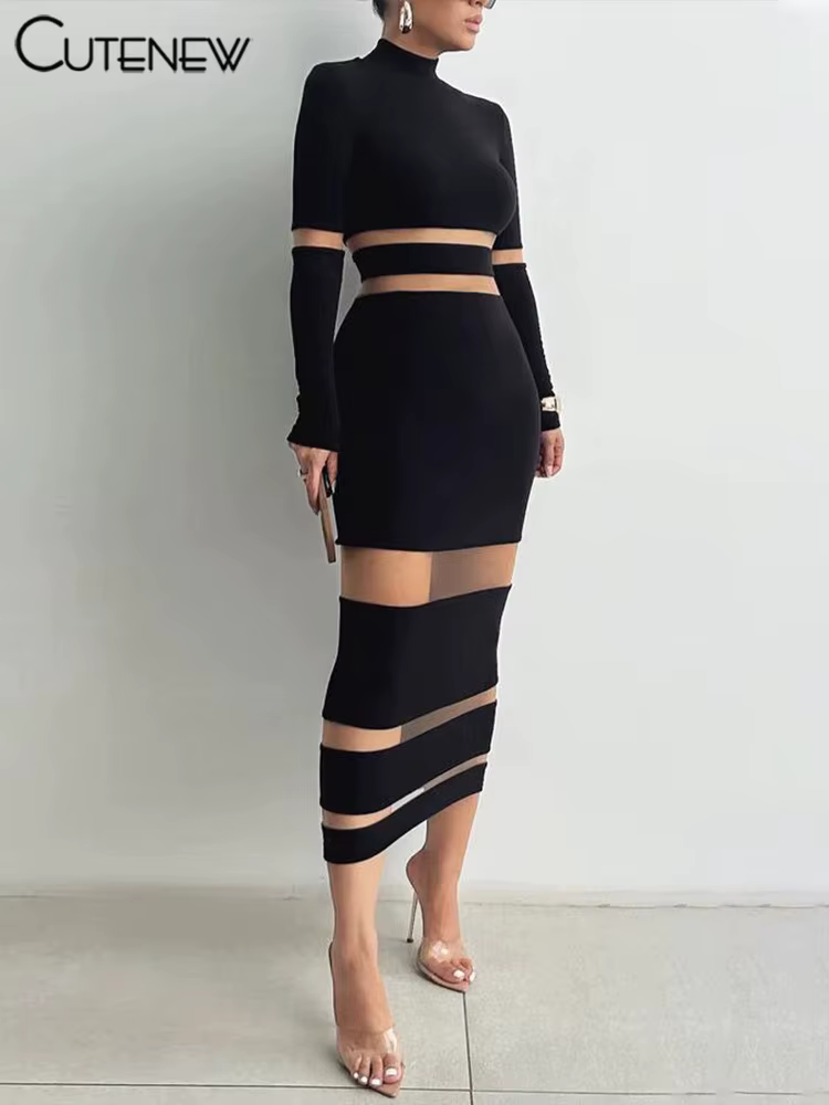 NIBBER femmes élégant col roulé rayure tricoté Robe Maxi manches longues corps-shaping Robe soirée S