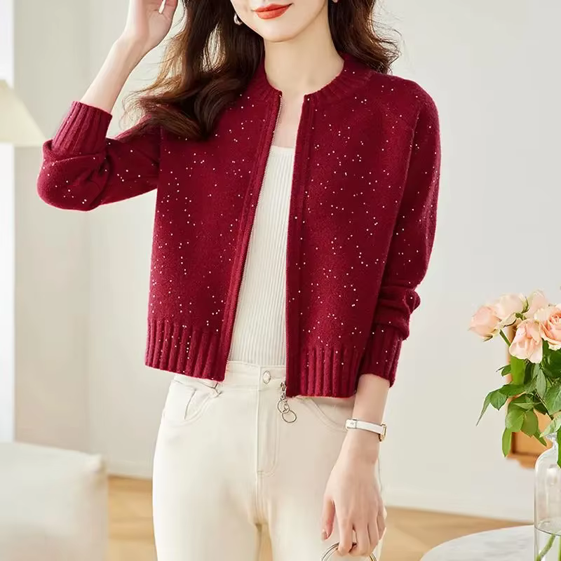 Pull court à fermeture éclair pour femme, cardigan tricoté à manches longues et paillettes, à la mod