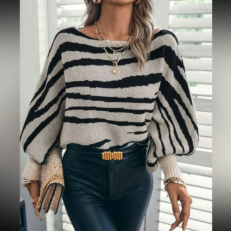 Nouveau pull d'automne et d'hiver en tricot ample à motif zèbre contrastant, pull à manches chauve-s