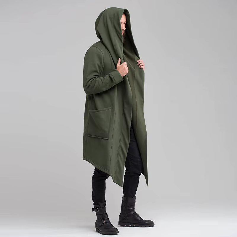 Cardigan long à capuche pour homme avec manches longues et ouverture frontale, cape longue légère, v