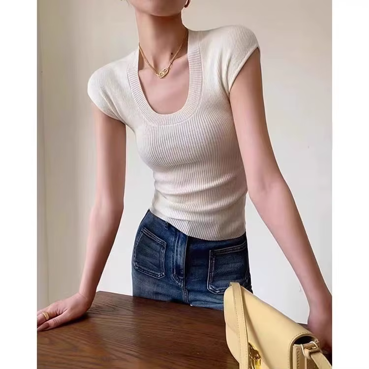 Pull-over d'été fin à col en U basique 2026 pour femme, en maille côtelée, t-shirt moulant à manches
