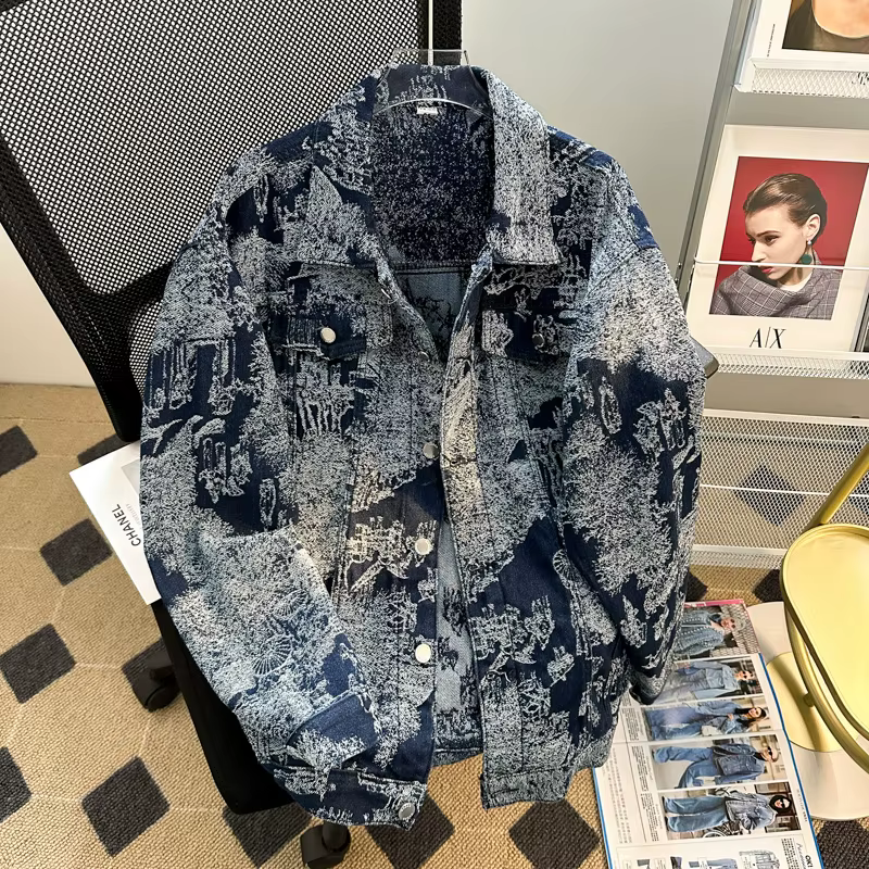 Veste en jean brodée de style punk pour hommes, veste en jean jacquard, vêtements d'automne et d'hiv