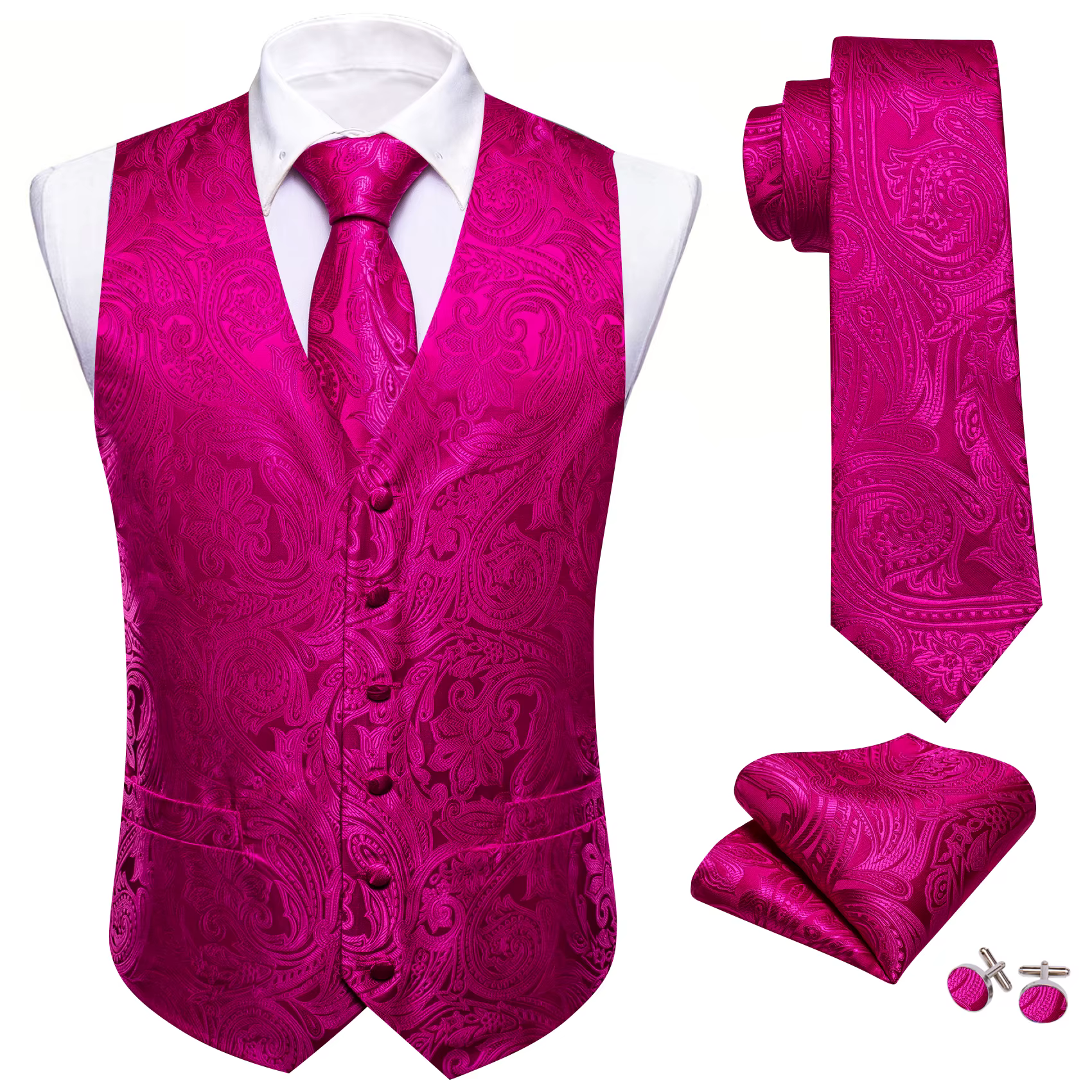 Ensemble de gilet et cravate jacquard pour homme 4 pièces, motif cachemire floral, avec pochette de 