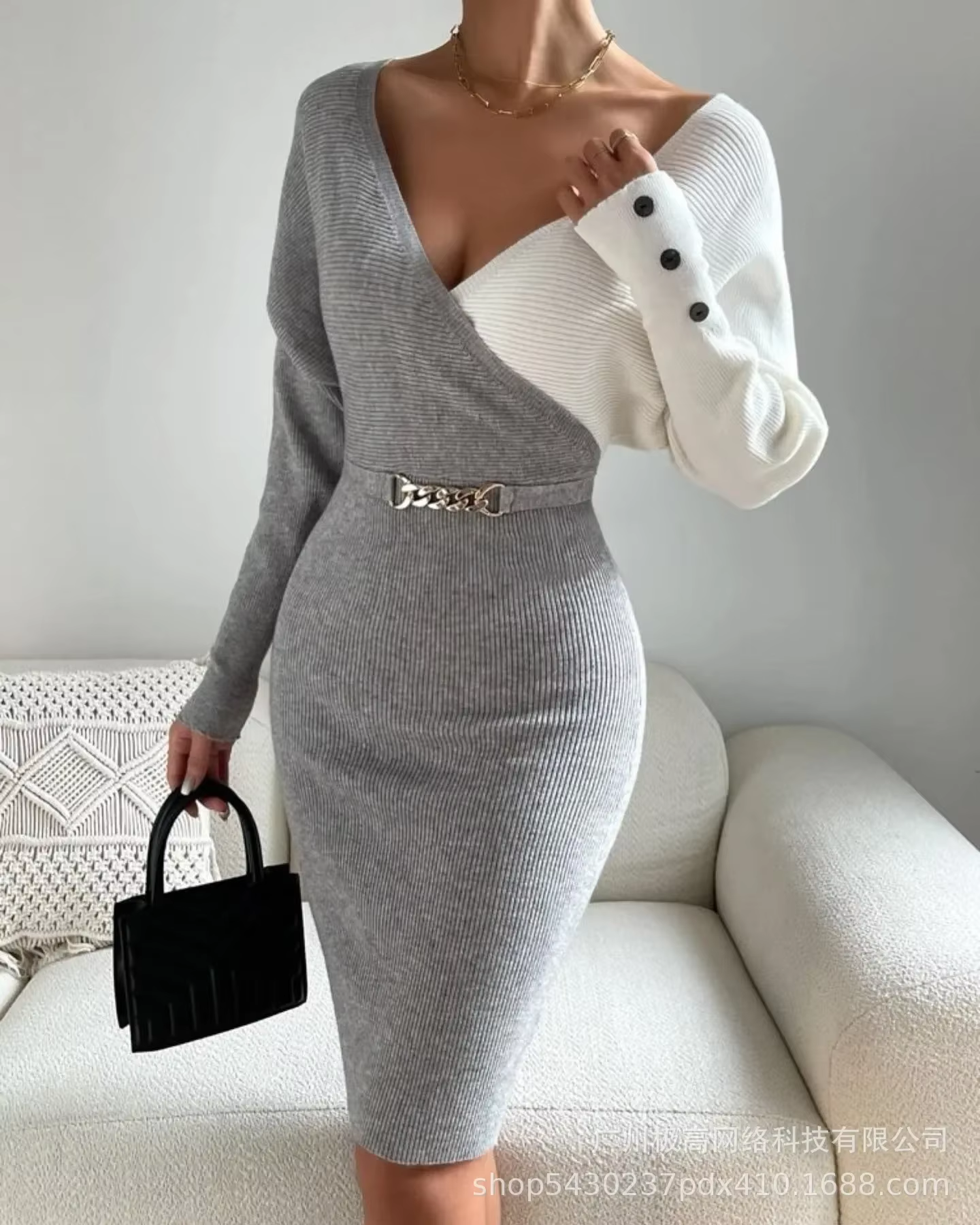 Robe pull taille haute pour femme, décor de boutons, gaine sexy, manches longues, col en V, mi-longu