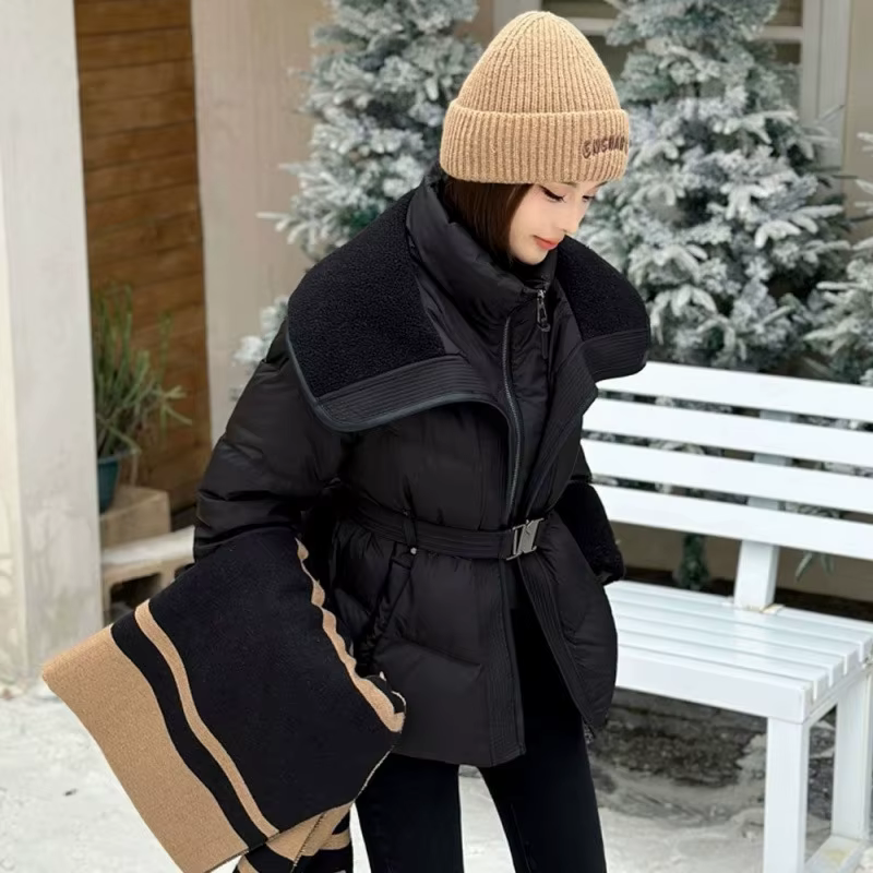 Doudoune à Double col pour femme, manteau d'hiver en duvet de canard blanc, ceinture chaude, Slim, a