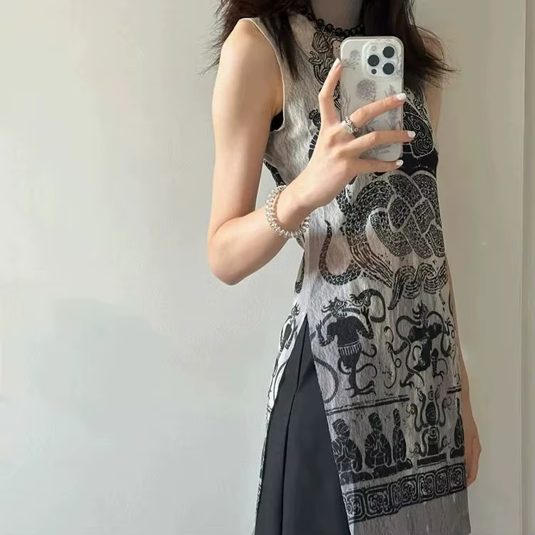 Gilet léger en mousseline de soie pour femmes, imprimé rétro chinois, fente latérale, Slim, col mi-h