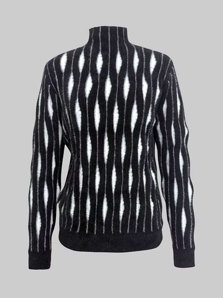 Yeezzi femmes col haut pull noir blanc contraste couleur manches longues urbain décontracté bureau t