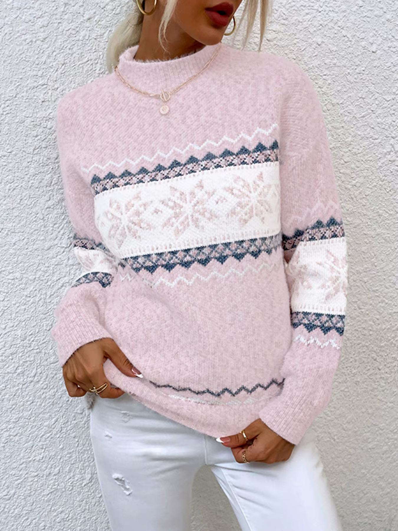 Pull en tricot Fair Isle rose pour femme, col montant doux et moelleux, tricot décontracté
