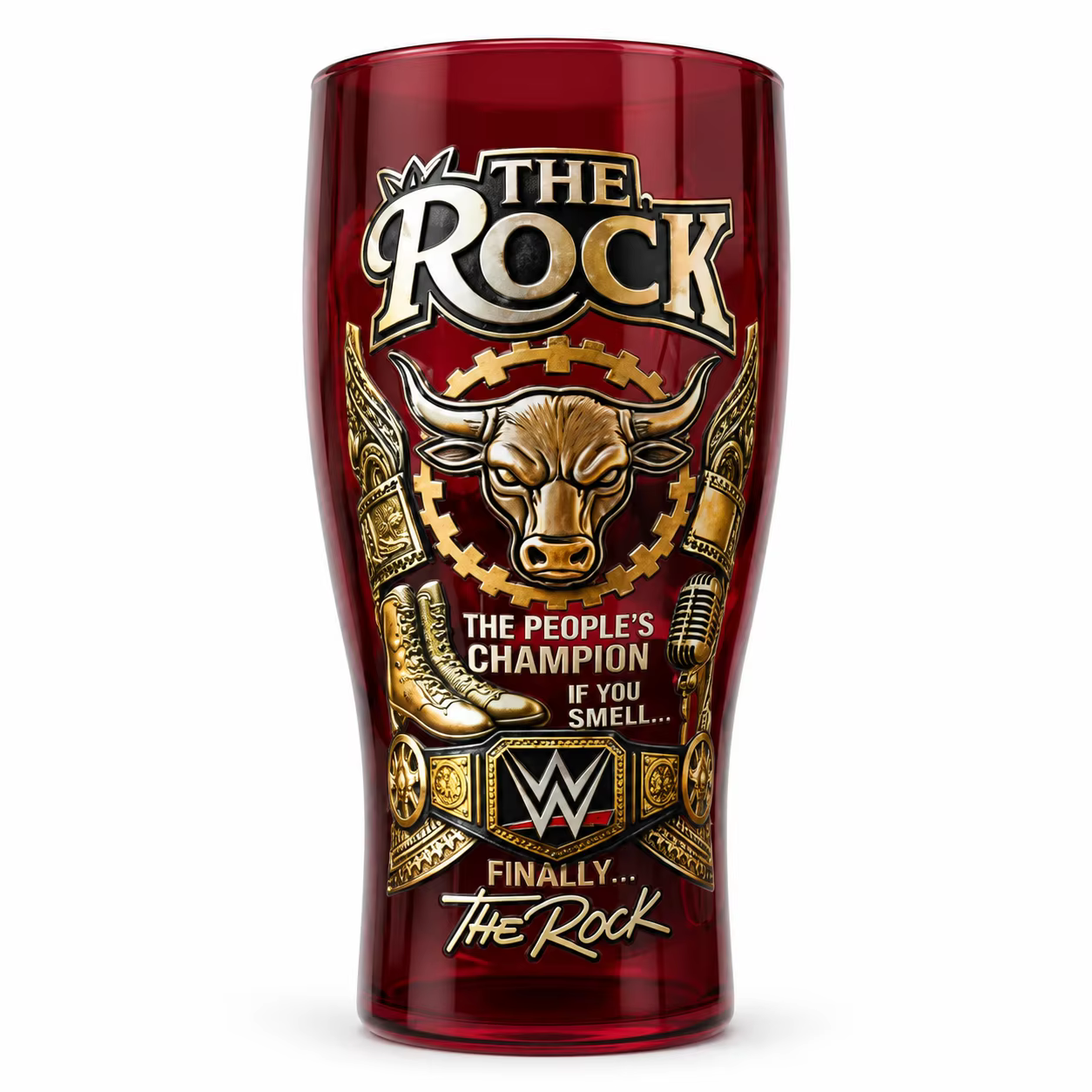 Verre à bière rouge The Rock « Le Champion du Peuple », 16 oz, avec logo de taureau, objet de collec