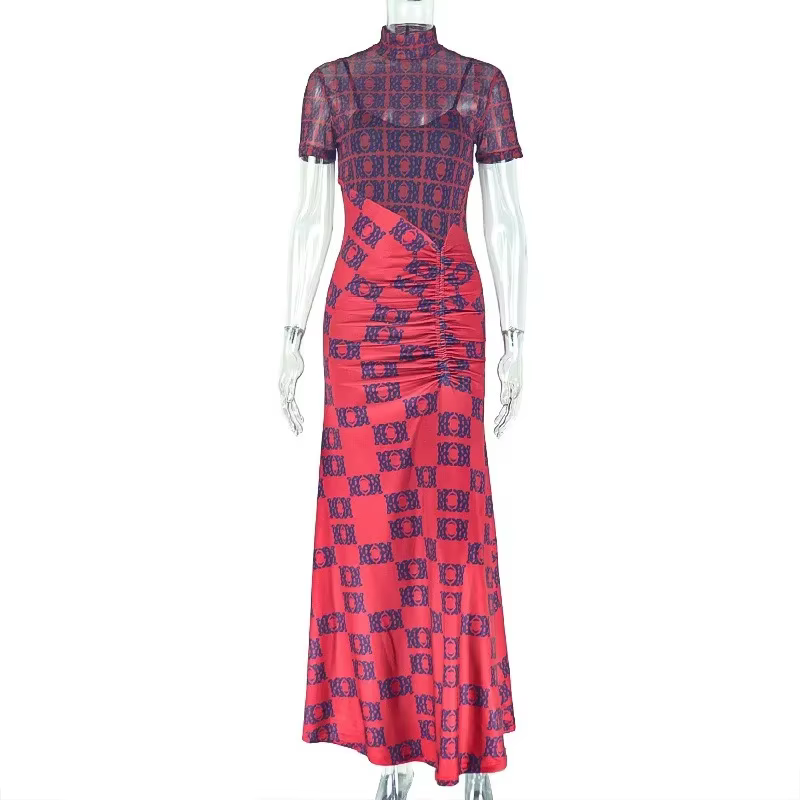 Femmes col roulé élégant à manches courtes robe Maxi tenues décontracté mode moulante pure plissée l