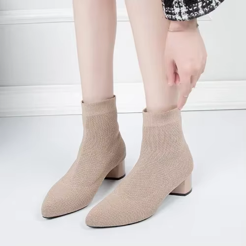 Bottines tricotées pour femme, chaussures d'extérieur décontractées à talons bas, bottes Chelsea déc