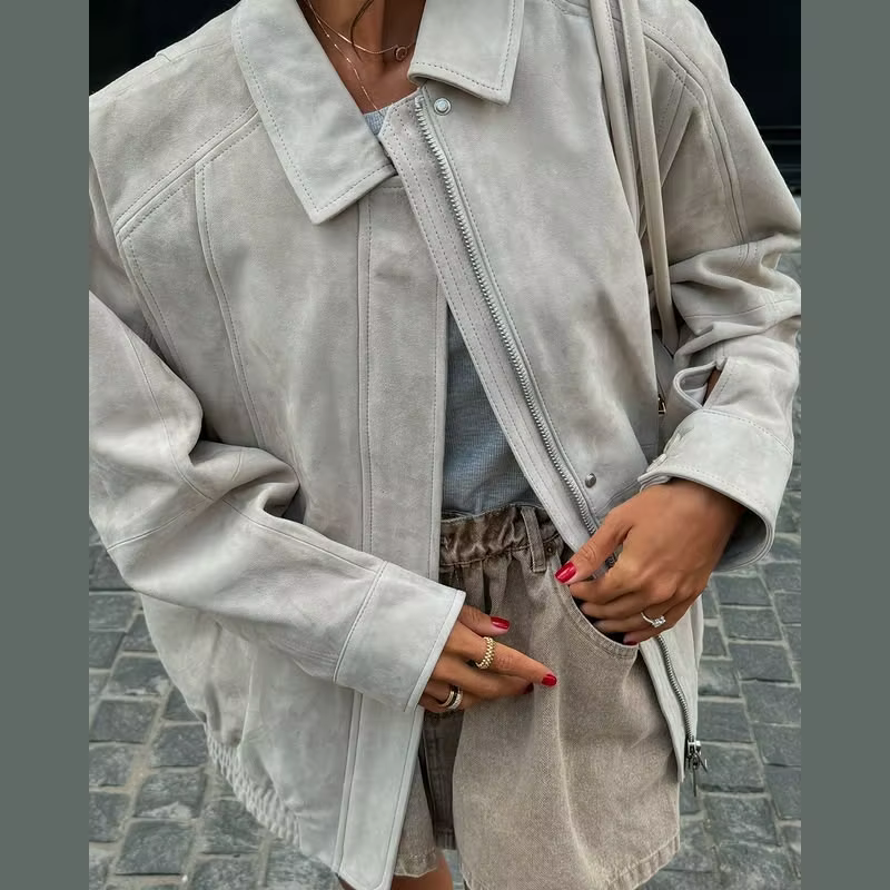 Rue revers fermeture éclair minimalisme veste femme manches longues ample couleur unie rétro manteau