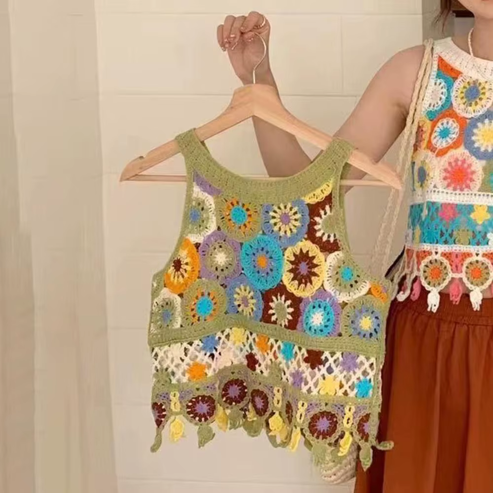 Gilet tricoté bohème mignon, col rond, sans manches, haut court pour femmes, glands au crochet, haut