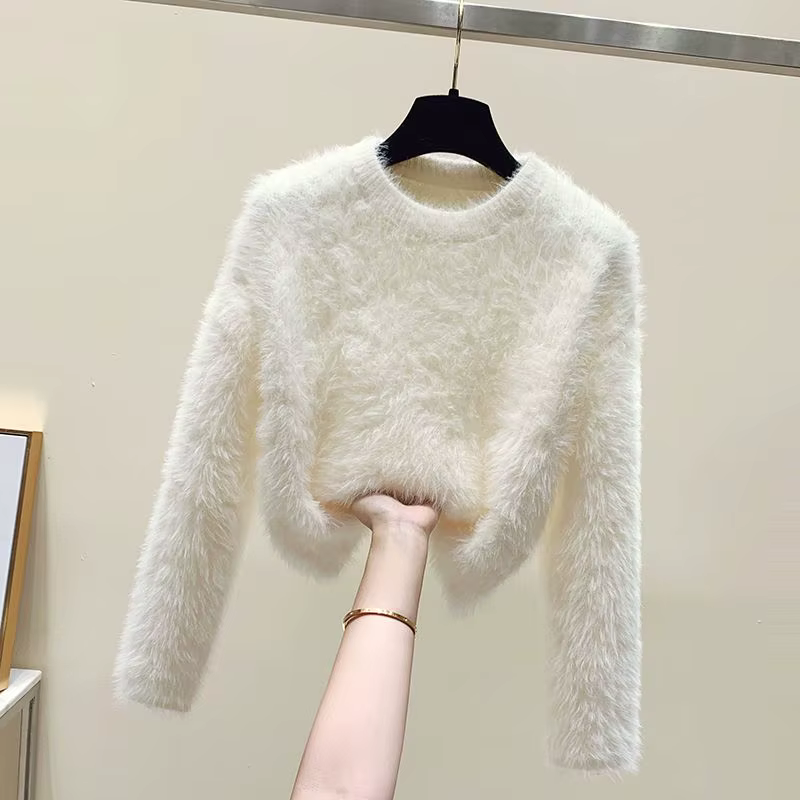Pull flou pull femmes doux en peluche couleur unie Simple pull blanc fourrure de vison doux coupe am