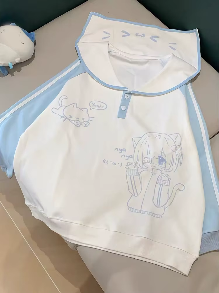 Sweat-shirts à col marin mignons pour femmes, à manches longues, style dessin animé Kawaii, pull-ove