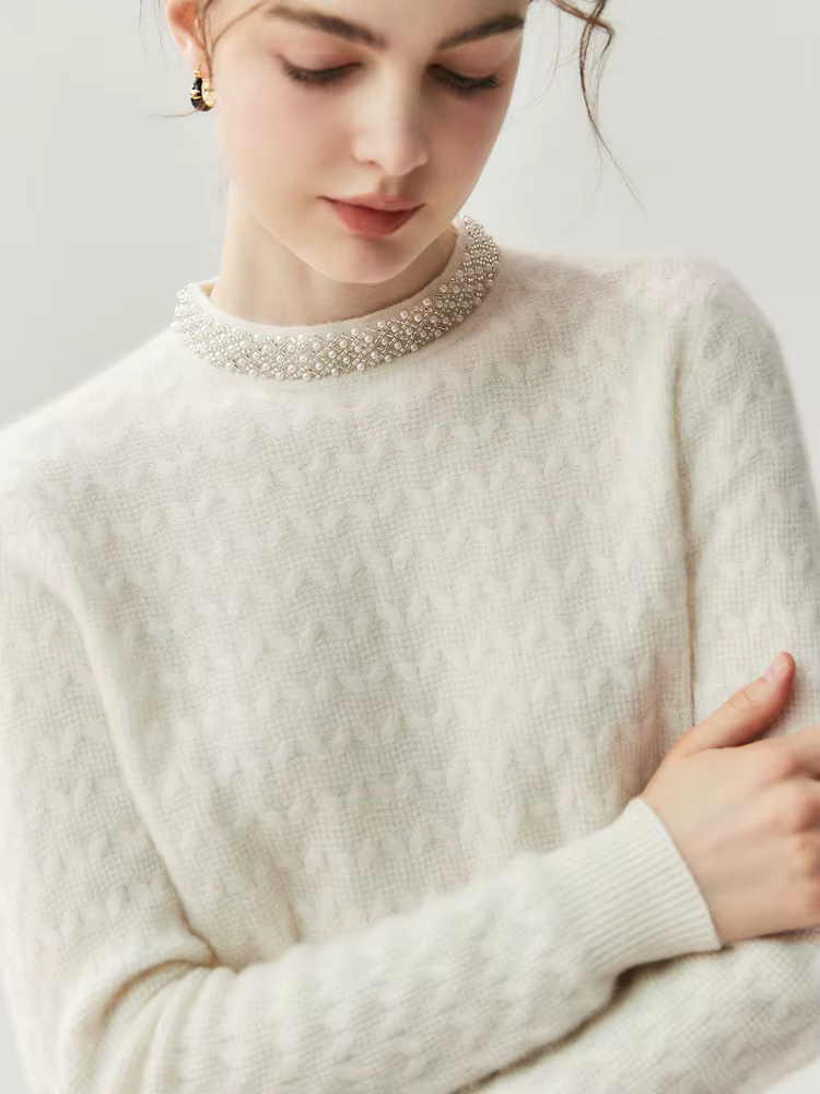 ANGEL femmes 100% pull en cachemire automne hiver col rond pulls perles conception grâce Style cache
