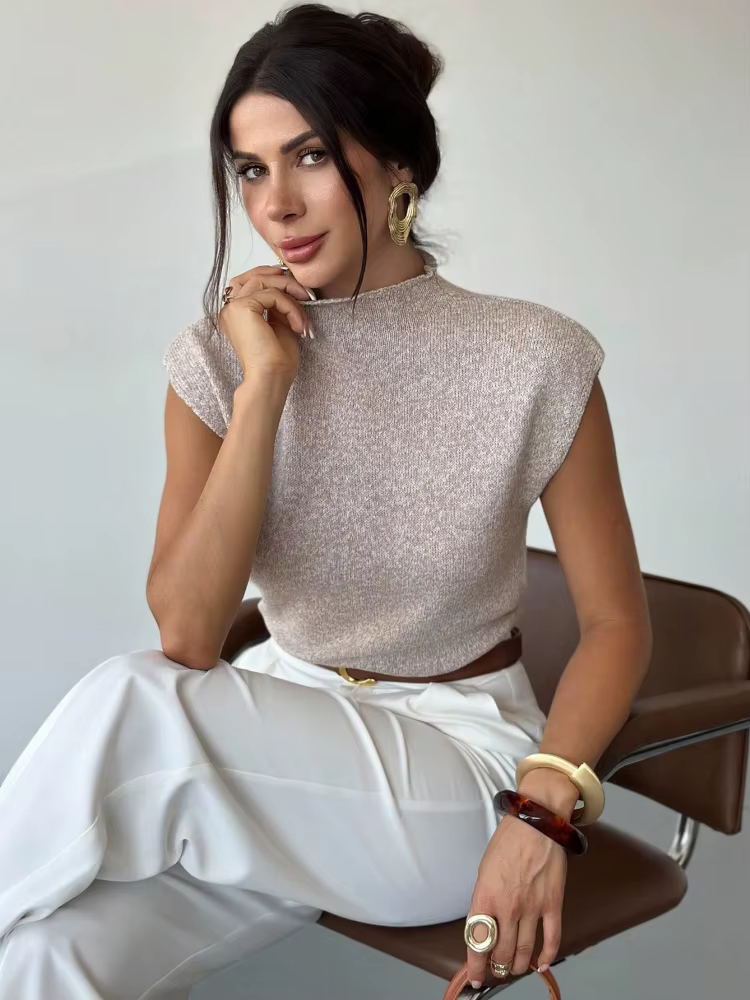 Pull en maille à col montant et manches courtes pour femme – Printemps, été, automne – Élégant, déco