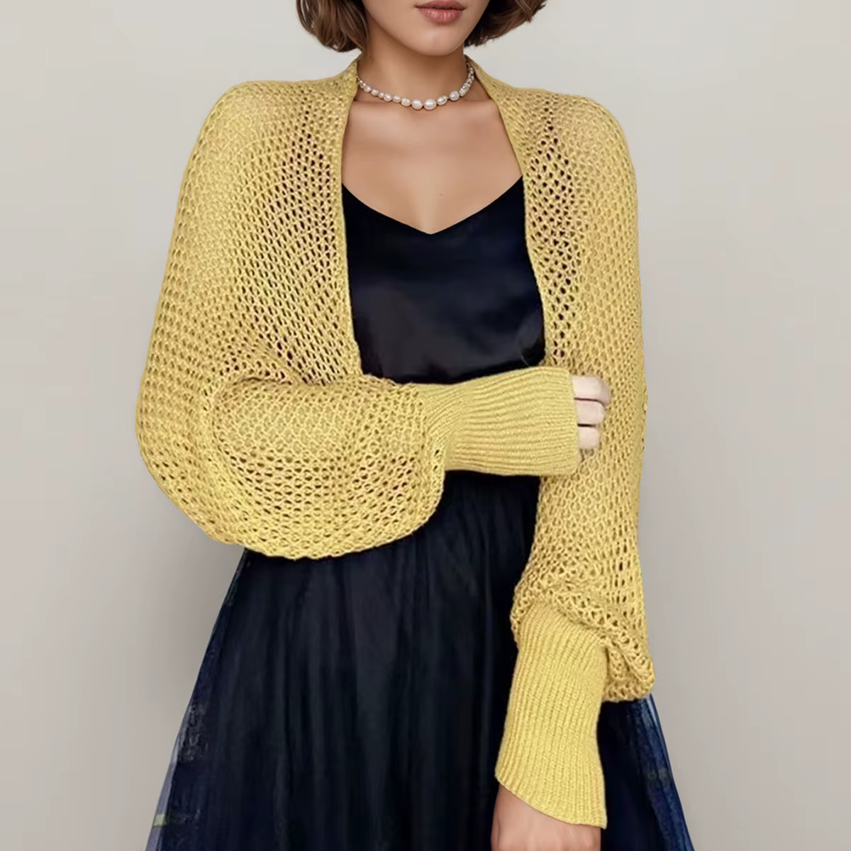 1 pièce Cape à manches nid d'abeille pour femme, Printemps/Été, avec col tricoté et design ajouré, a