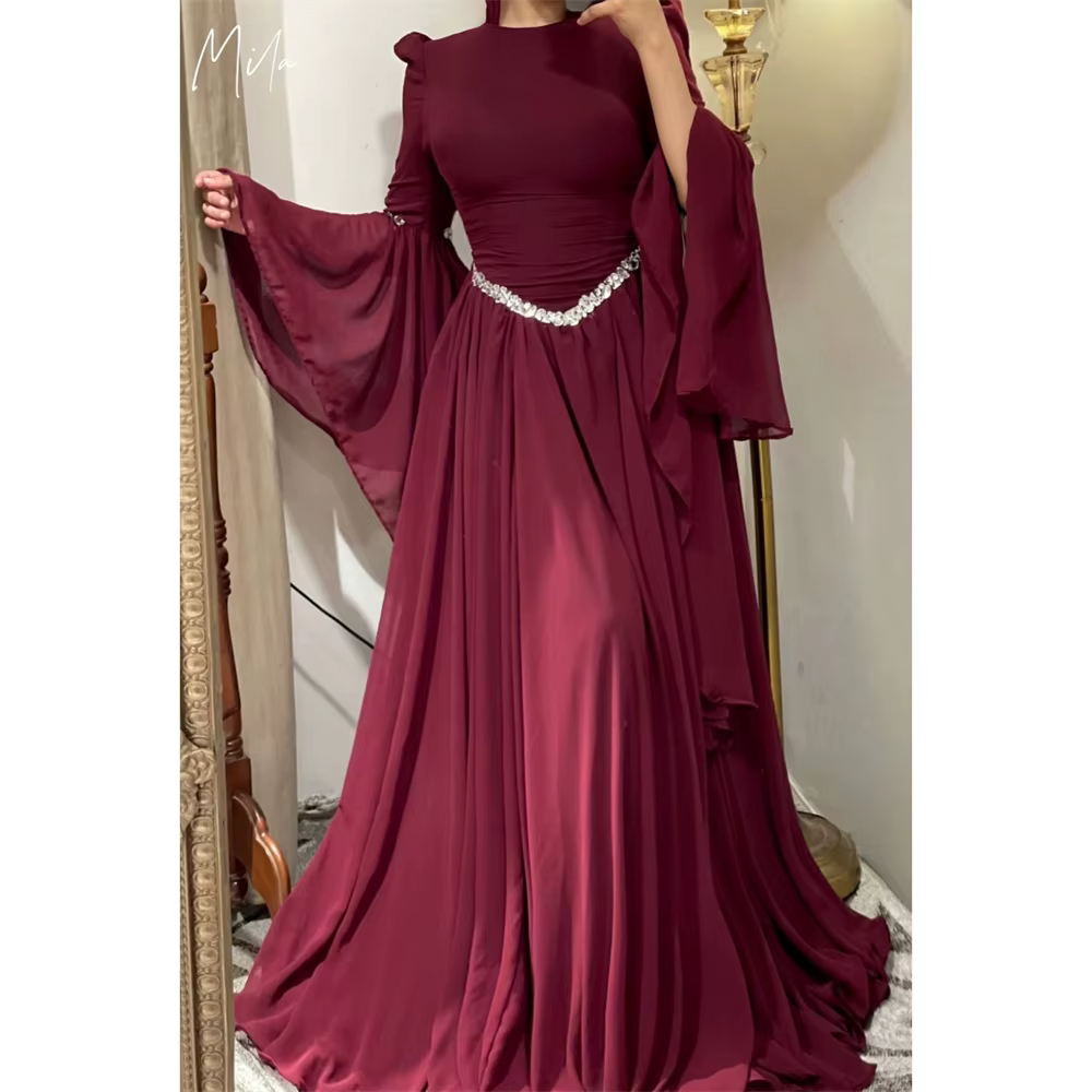 Mila col rond a-ligne robe de bal manches longues Court Train personnalisé luxueux femmes robes de s