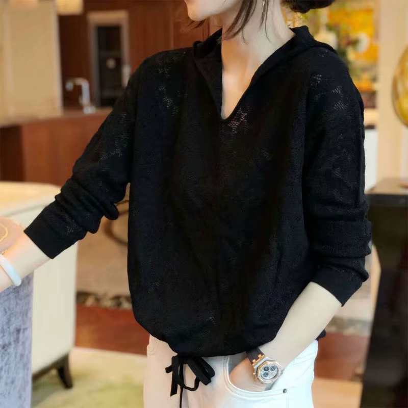 Pulls à capuche décontractés avec cordon de serrage pour femmes, dentelle évidée, vêtements de proxi