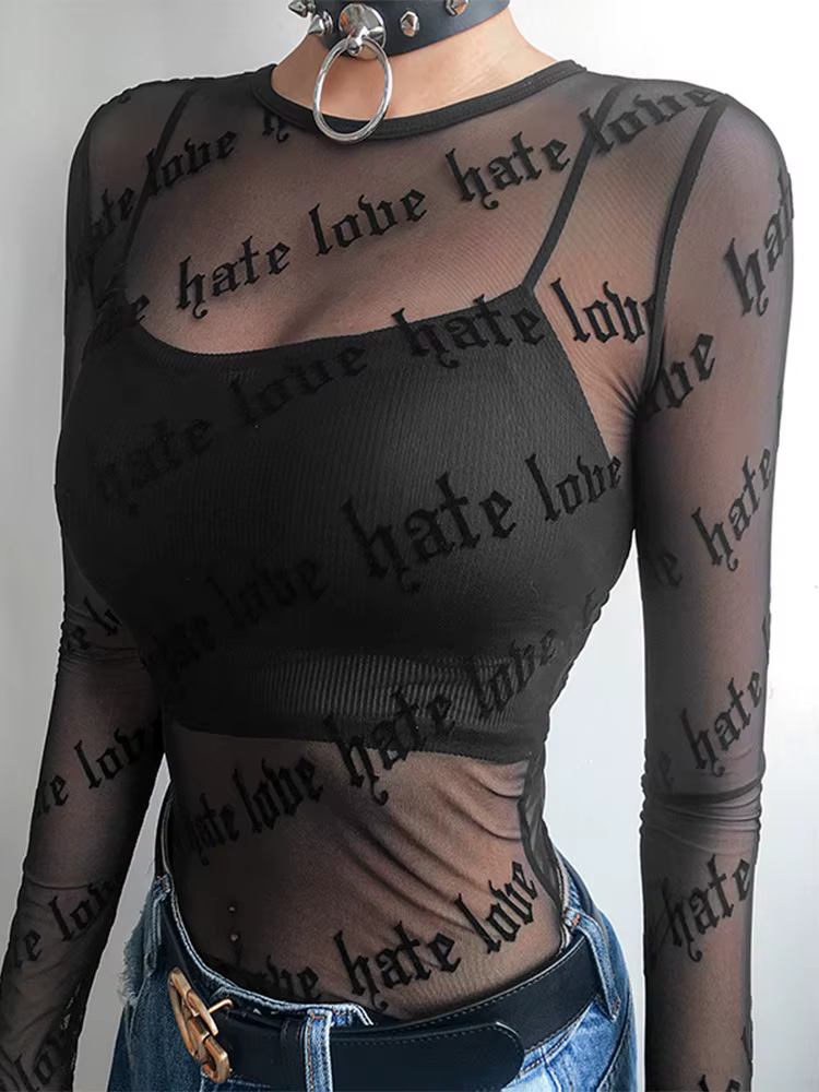 Femmes Sexy maille T-Shirts Transparent Perspective t-shirt lettre imprimée col rond Transparent à m