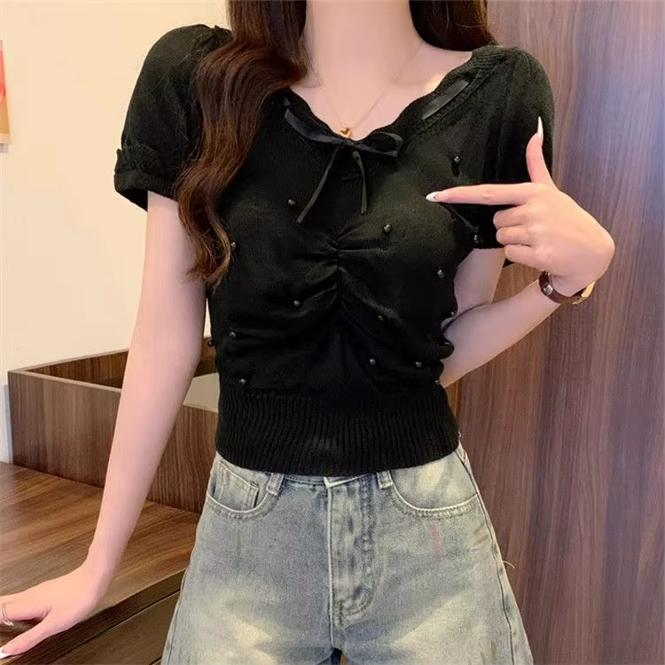 Pure Suifeng – pull à manches avec nœud perlé pour femme, vêtement d'été, Design de Niche, sens froi