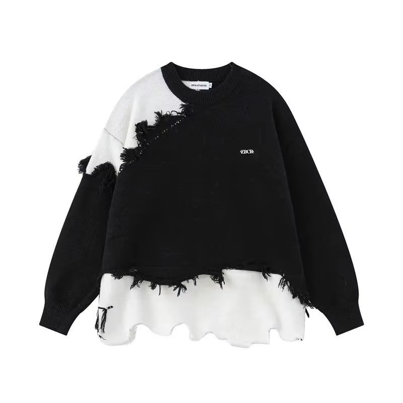 Pull à franges destructive, ample, irrégulier, couleur Patchwork, hiver