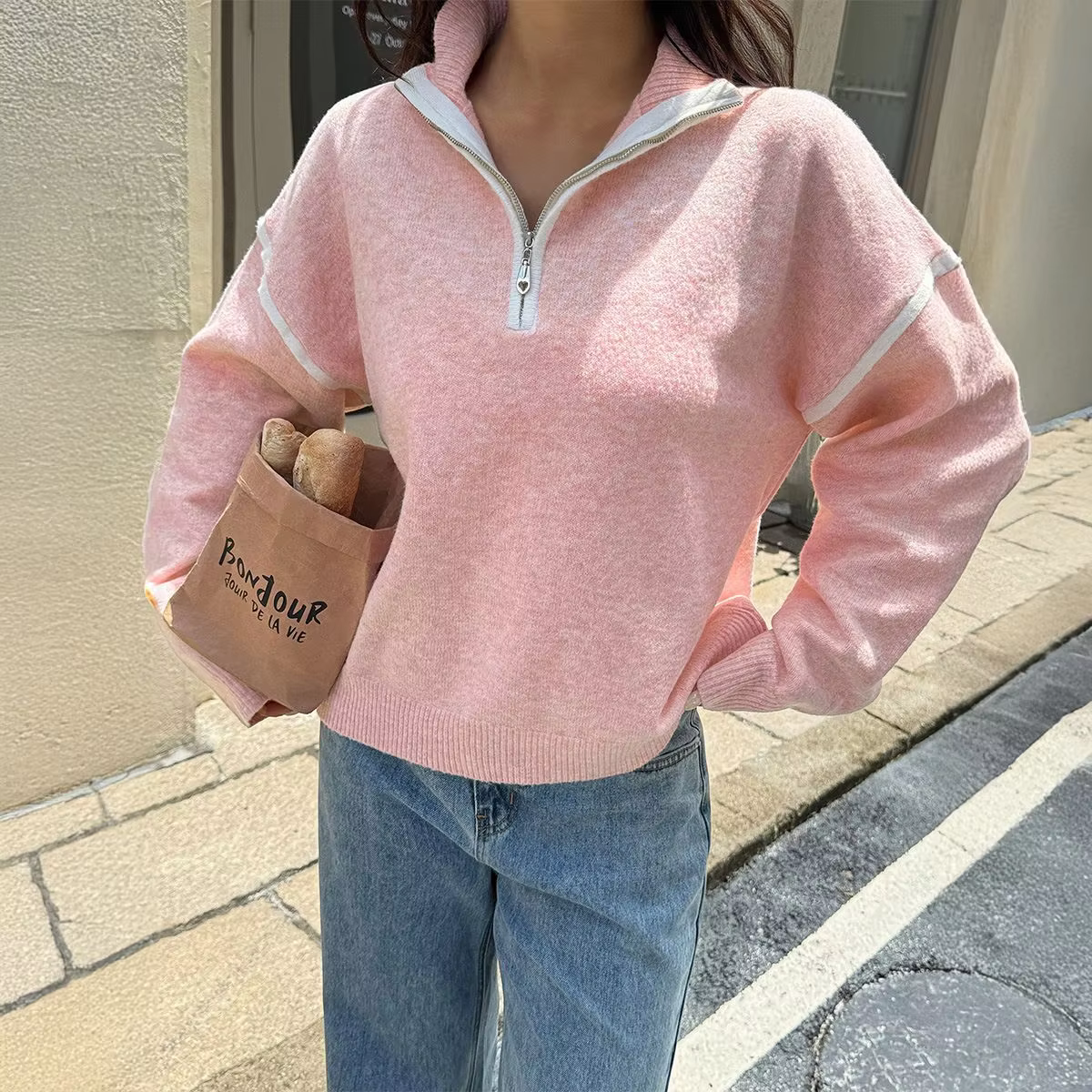 2025 automne/hiver décontracté Simple solide à manches longues pull zippé pour les femmes
