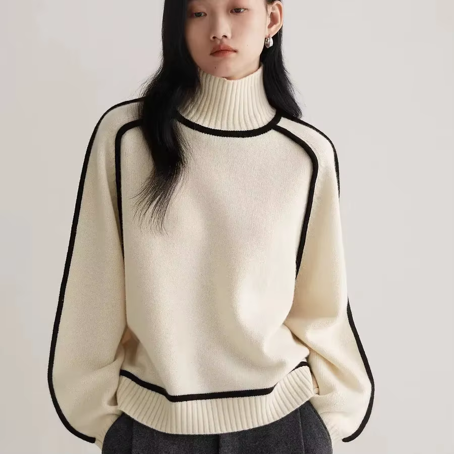 Pull Col Roulé Femme 2026 Automne Hiver Nouveau Modèle Ample Tricoté Patchwork Doux Chaud Épais Déco