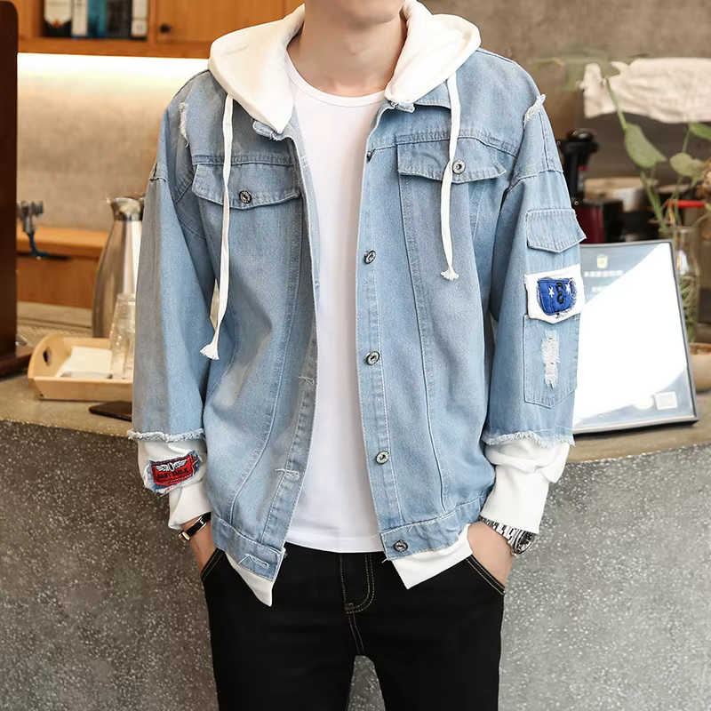 Veste en Jean personnalisable pour hommes, Streetwear Hip Hop, vestes en Jean à capuche pour hommes,