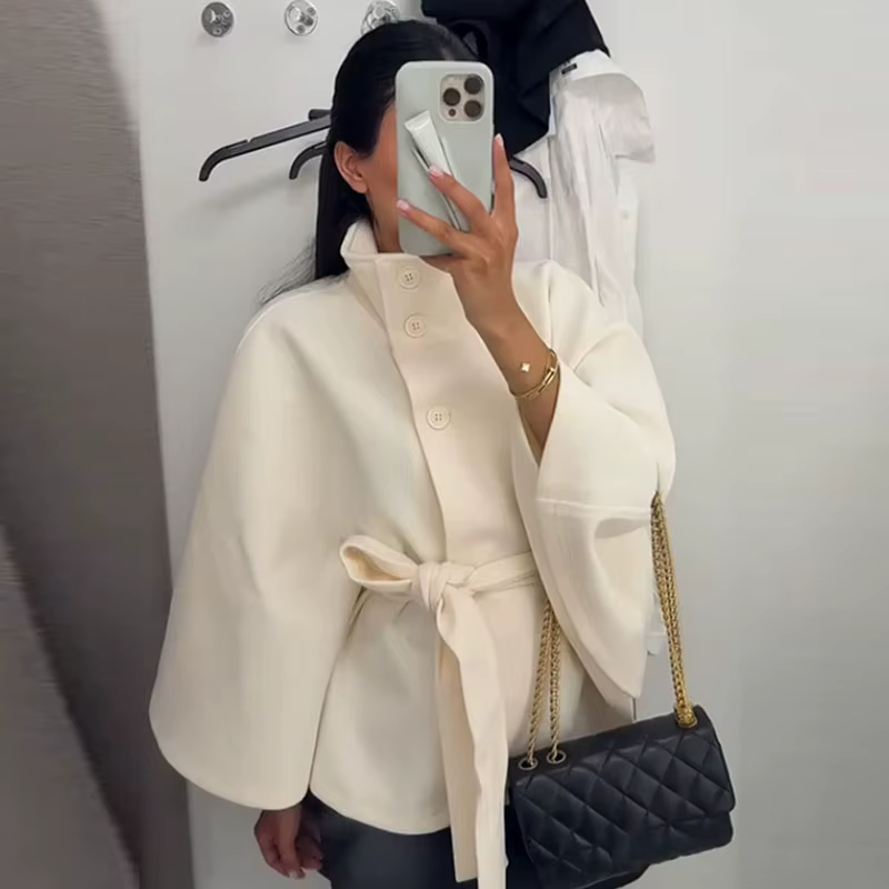 Manteau femme Cape courte manteaux pour femmes ceinture fausse laine et mélanges manteaux automne hi