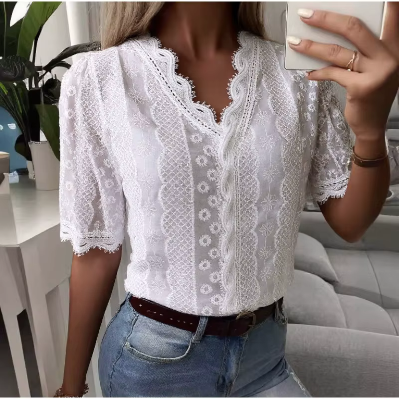 Chemisier brodé en dentelle à col en V pour femme - Haut bohème à manches courtes bouffantes et bord
