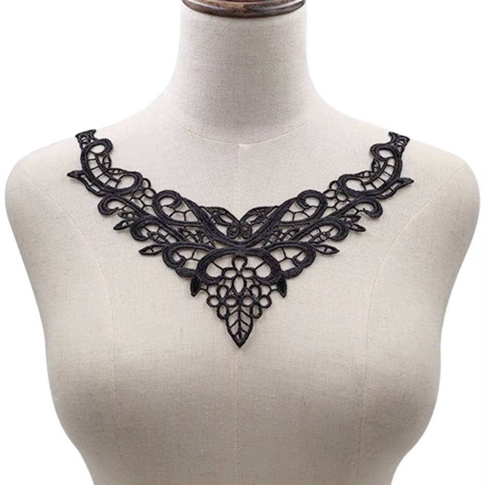 Nouveau Col Brodé en Dentelle Noire, Col Amovible Élégant Creux avec Applique Papillon pour Robe, Ro