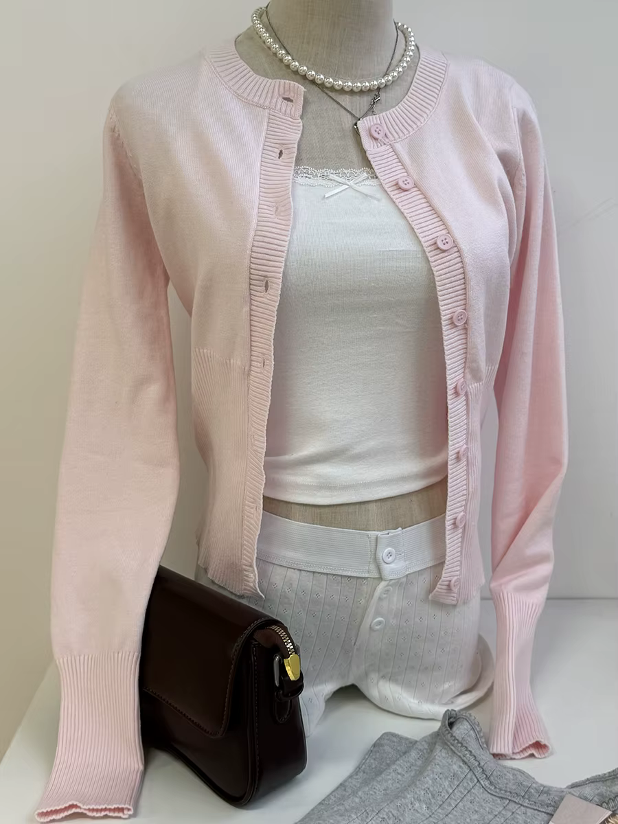 Cardigan tricoté rose à manches longues pour femmes, pull décontracté à boutons simples, vêtements S